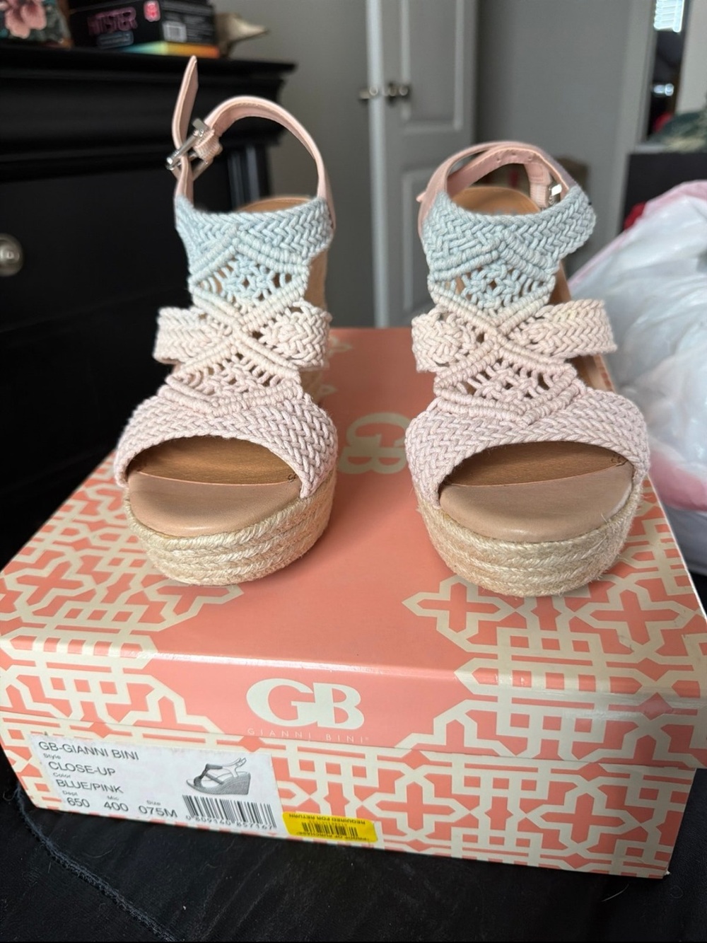 Gianni Bini Two-Tone Pink and Light Blue Braided Espadrille Wedges